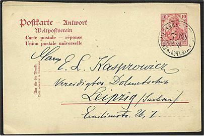 10 pfg. Germania svardel af dobbelt brevkort anvendt i Rusland fra Sulmerschitsi d. 25.4.1909 til Leipzig, Tyskland.