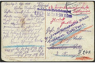 Ufrankeret feltpostbrevkort (Lwow) med feltpoststempel K.D.Feldpost... 14.2.1917 til soldat i Beverloo, Belgien - eftersendt til Armee-Minenwerfer Schule Podkamien, Stat. Psary.
