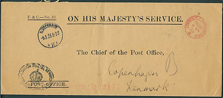 Ufrankeret OHMS kuvert fra Post Office med rødt stempel London E.C. Official Paid d. 4.5.1925 til København, Danmark.
