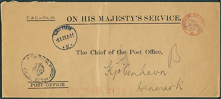Ufrankeret OHMS kuvert fra Post Office med rødt stempel London E.C. Official Paid d. 4.5.1925 til København, Danmark.