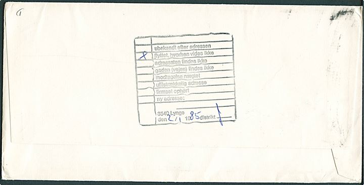 20 fils i parstykke på luftpostbrev fra Kuwait d. 29.12.1985 til Lynge, Danmark. Ubekendt og sendt til Returpostkontoret.