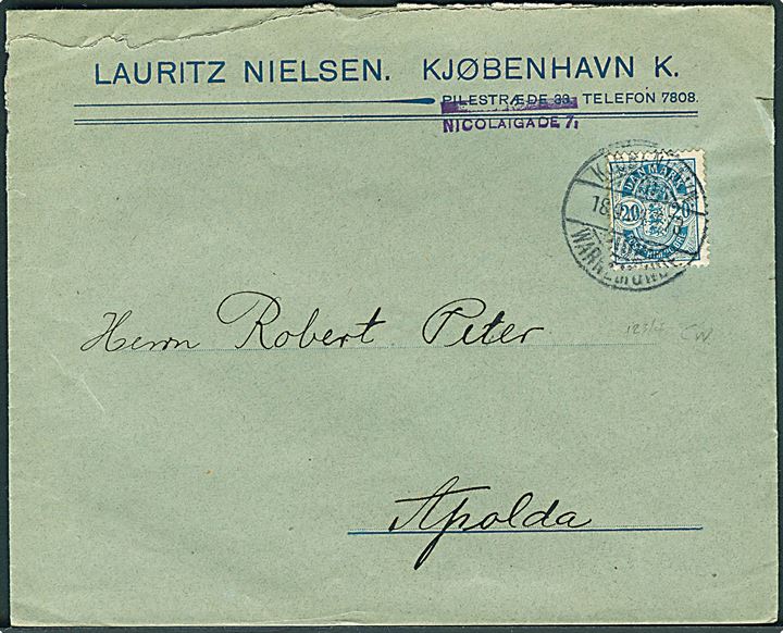 20 øre Våben på brev fra Kjøbenhavn annulleret med bureaustempel Kjøbenhavn - Warnemünde T.73 d. 18.9.1904 til Apolda, Tyskland.