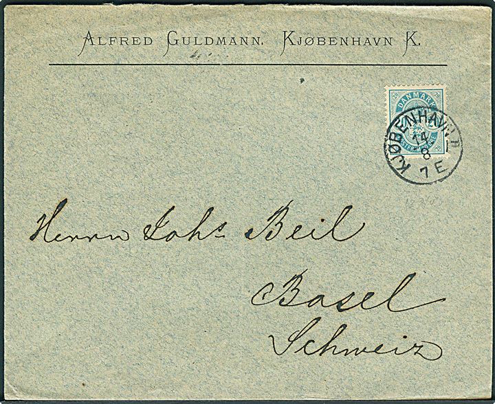 20 øre Våben på brev annulleret med lapidar Kjøbenhavn II. d. 14.8.1900 til Basel, Schweiz.