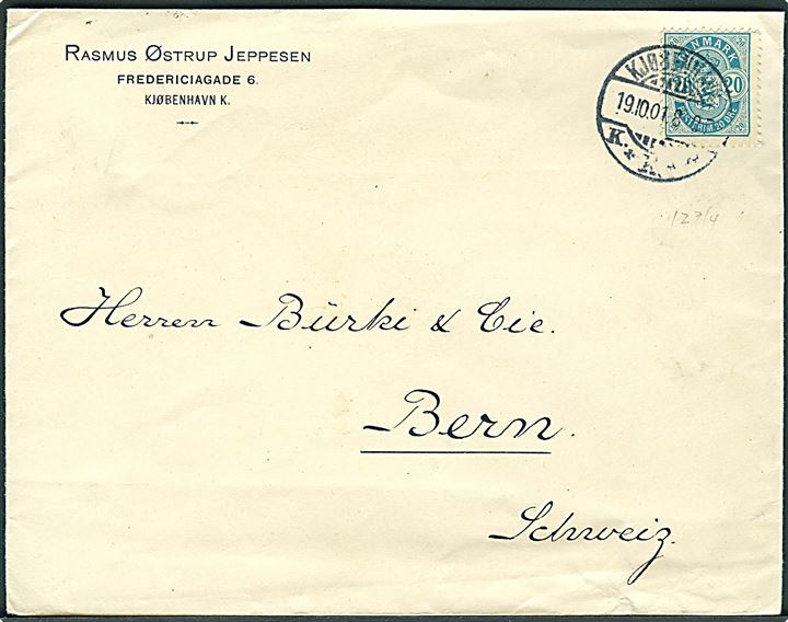 20 øre Våben på brev fra Kjøbenhavn d. 19.10.1901 til Bern, Schweiz.
