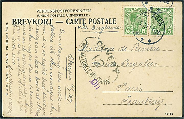 5 øre Chr. X i parstykke på brevkort (M. Ancker: Skagen Fisker) annulleret med brotype IIIb Skagen d. 16.7.1917 til Paris, Franskrig. Påskrevet via England. Fransk censur. Lodret fold. 