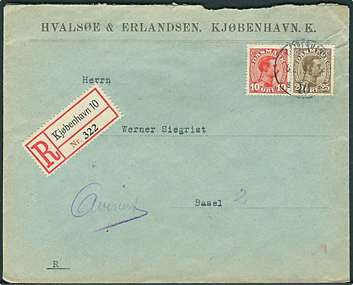 10 øre og 25 øre Chr. X på anbefalet brev fra Kjøbenhavn d. 5.7.1918 til Basel, Schweiz.