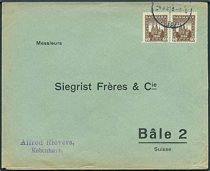 40 øre Genforening i parstykke på brev fra Kjøbenhavn d. 4.3.1921 til Basel, Schweiz.