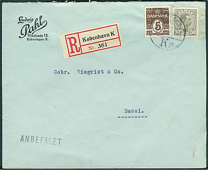 5 øre Bølgelinie og 50 øre Chr. X på anbefalet brev fra København d. 5.11.1925 til Basel, Schweiz.