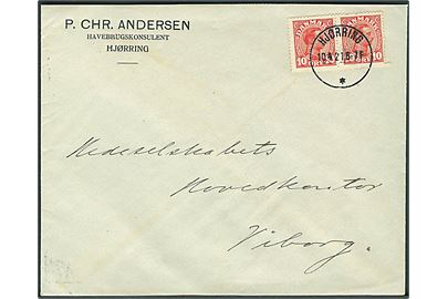 10 øre Chr. X i parstykke på brev annulleret med brotype IIIb Hjørring * d. 10.4.1921 til Viborg.
