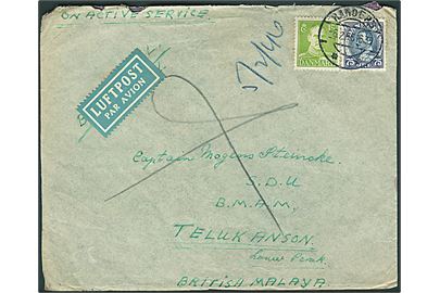 15 øre og 75 øre Chr. X på luftpost On Active Service brev fra Randers d. 6.2.1946 til dansk officer Mogens Steincke i Teluk Anson, Malaya.
