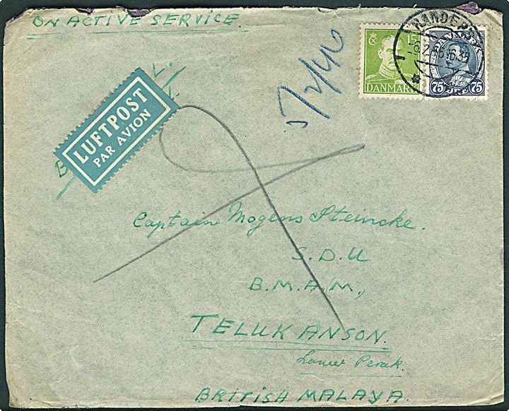 15 øre og 75 øre Chr. X på luftpost On Active Service brev fra Randers d. 6.2.1946 til dansk officer Mogens Steincke i Teluk Anson, Malaya.