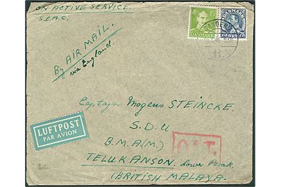 15 øre og 75 øre Chr. X på luftpost On Active Service brev fra Randers d. 30.1.1946 til dansk officer Mogens Steincke i Teluk Anson, Malaya. Rødt O.A.T. stempel fra London.