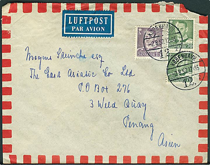 15 øre og 70 øre (par) Fr. IX på luftpostbrev fra København d. 2.8.1952 til Penang, Malaya. Hjørne afrevet af kuvert.