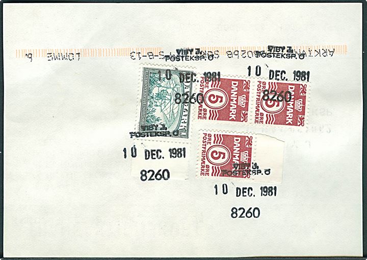 5 øre Bølgelinie (3) og 100 øre Flyvning annulleret med trodatstempel Viby J. Posteksp. d. 10.12.1981 på bagsiden af Transaktionskort for indbetalingskort til øvrige udland. Formular S32 (12-80 A6).