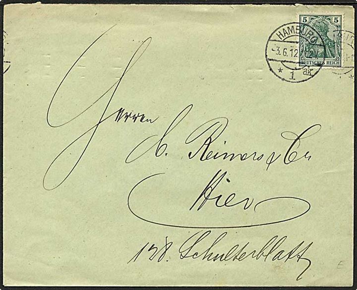 5 pfg. Germania på lokalbrev fra Hamburg d. 3.6.1912. På bagsiden stor Nationalflugspende Hamburg 1912 mærkat