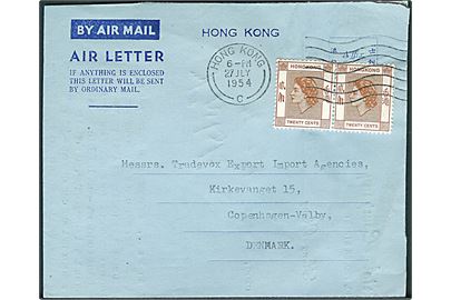 30 cents Elizabeth i parstykke på privat aerogram fra Hang Kong d. 27.7.1954 til København, Danmark.