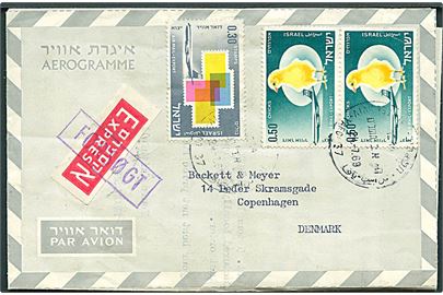 1,30 på privat aerogram sendt som ekspres fra Tel Aviv d. 24.7.1969 til København. Ekspres etiket overstemplet Forsøgt og på bagsiden stemplet: Gadedør lukket.