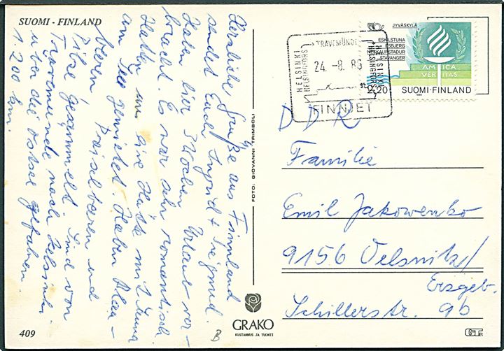 2,20 mk. på brevkort annulleret med skibsstempel FINNJET Helsingfors-Warnemünde-Helsingfors d. 24.8.1986 til Velsnitz, Tyskland.