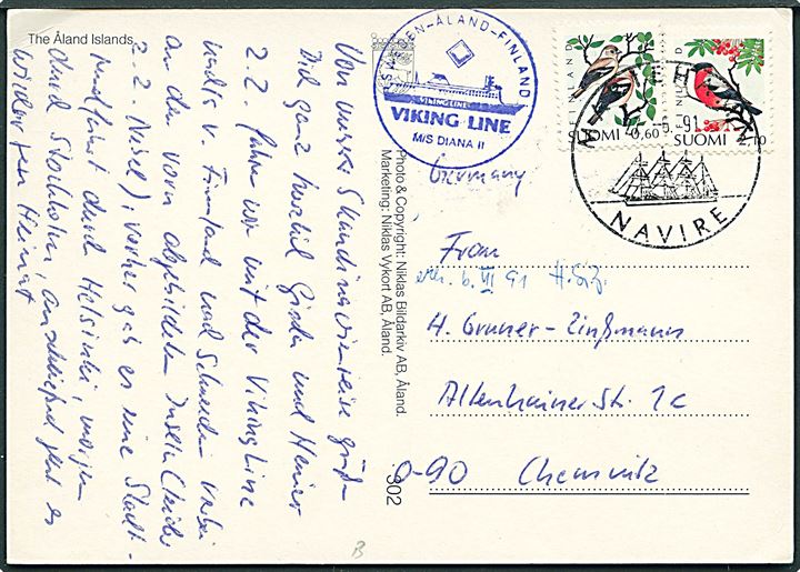 0,60 mk. og 2,10 mk. på brevkort annulleret med skibsstempel Mariehamn Navire d. 2.6.1991 og sidestemplet Sweden-Åland-Finland / Liking Line M/S Diana II til Chemnitz, Tyskland.