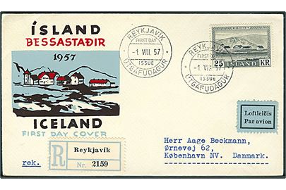 25 kr. Bessastadir single på illustreret FDC sendt som anbefalet luftpost fra Reykjavik d. 1.8.1957 til København.