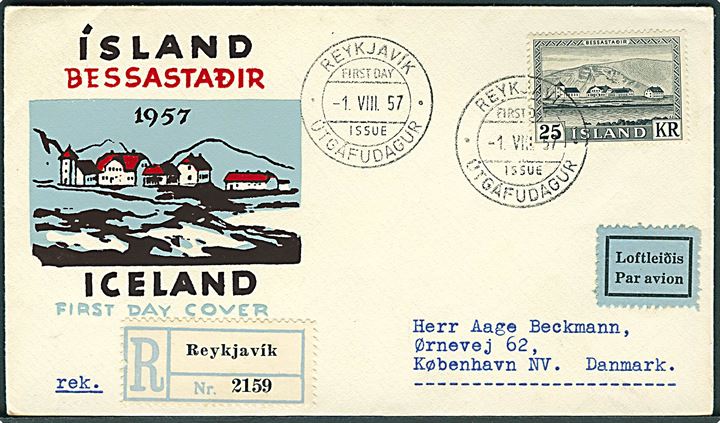 25 kr. Bessastadir single på illustreret FDC sendt som anbefalet luftpost fra Reykjavik d. 1.8.1957 til København.