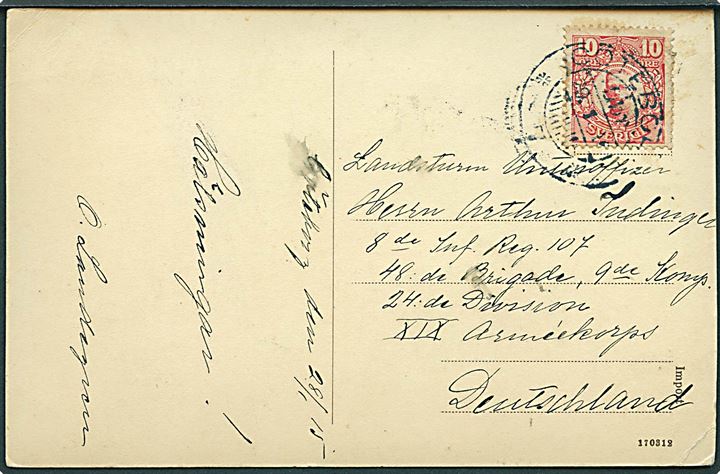 10 öre Gustaf på brevkort fra Göteborg d. 29.1.1915 til Landsturm Unteroffizier ved Inf. Reg. 107, XIX Armeekorps.