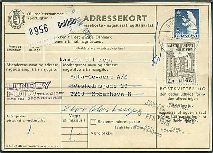 2 kr. KGH 200 år og 5 kr. Isbjørn på adressekort for pakke fra Godthåb d. 12.1.1976 til København - eftersendt til Glostrup. Stemplet Pakken Mangler Adr. Forespurgt d. 3.2.1976.