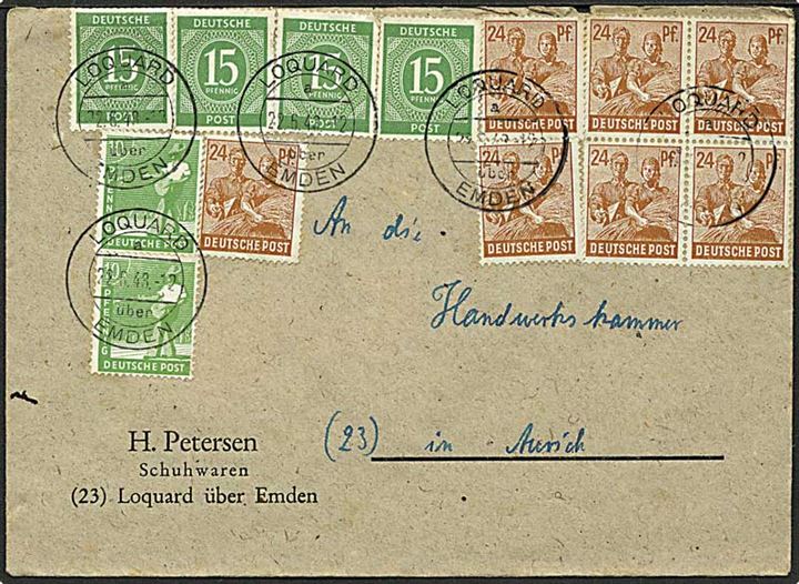 10 pfg (2), 15 pfg. (4) og 24 pfg. (7) Kontrollrats udg. i alt 248 pfg. på Zehnfach-frankeret brev fra Loquard über Emden d. 22.6.1948 til Aurich. Overfrankeret 0,8 pfg. Valuta-reform forsendelse fra den britiske zone.