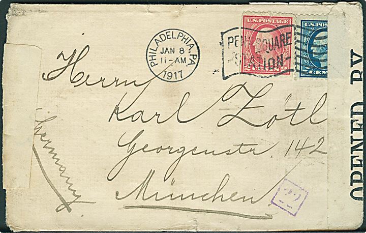 2 cents og 5 cents Washington på brev fra Philadelphia d. 8.1.1917 til München, Tyskland. Åbnet af både britisk censur no. 4442 og tysk censur i München.