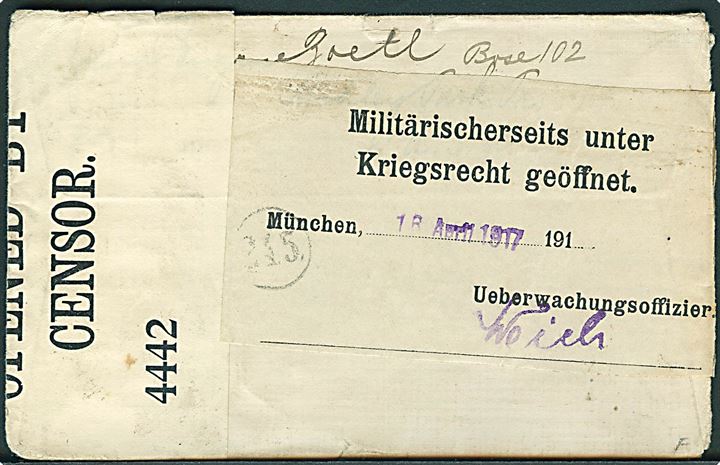 2 cents og 5 cents Washington på brev fra Philadelphia d. 8.1.1917 til München, Tyskland. Åbnet af både britisk censur no. 4442 og tysk censur i München.