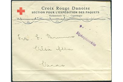 Ufrankeret fortrykt kuvert fra Dansk Røde Kors pakkeafd. i Kjøbenhavn (utydelig dato) med liniestempel Krigsfangeforsendelse til Varde.