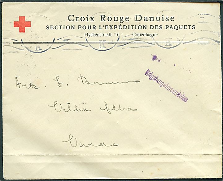 Ufrankeret fortrykt kuvert fra Dansk Røde Kors pakkeafd. i Kjøbenhavn (utydelig dato) med liniestempel Krigsfangeforsendelse til Varde.
