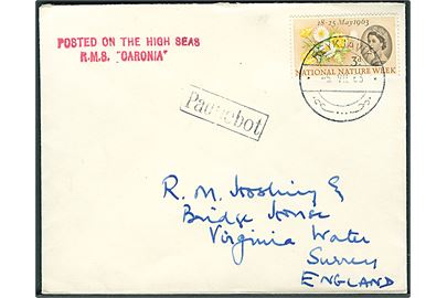 Engelsk 3d National Nature Week på brev annulleret med islandsk stempel i Reykjavik d. 5.7.1963 og sidestemplet paquebot til Virginia Water, England. Sidestempel: Posted on the high seas R.M.S. Caronia.