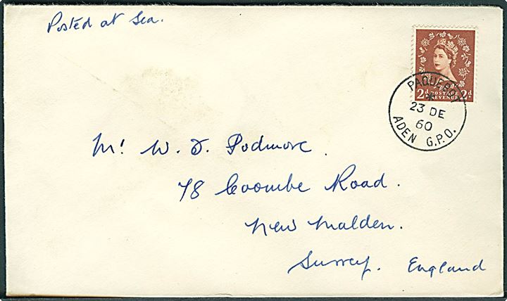 2d Elizabeth på brev annulleret med skibsbrev Paquebot Aden G.P.O. d. 23.12.1960 til England.