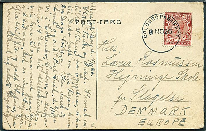 1½d George V på brevkort fra Egypten annulleret med skibsstempel Colombo Paquebot d. 8.11.1926 til Slagelse, Danmark.