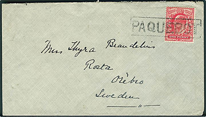 1d Edward VII på brev annulleret med skibsstempel Paquebot og på bagsiden sidestemplet Aden d. 24.7.1903 til Örebro, Sverige.