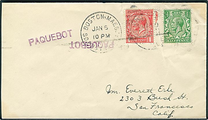 ½d og 1d George V på brev annulleret med amerikansk stempel i Boston d. 6.1.1929 og sidestemplet Paquebot til San Francisco.