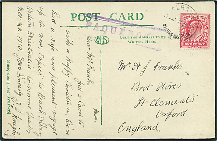 1d George V på brevkort (Lund's Line Auchor Line S/S Gefiong) annulleret Albany Western Australia d. 22.11.1910 og sidestemplet Paquebot til Oxford, England.