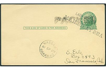 Amerikansk 1 cent helsagsbrevkort annulleret med skibsstempel Lady Somers, Paquebot og sidestemplet Nassau Bahamas d. 10.9.1929 til San Francisco, USA. Filatelistisk.