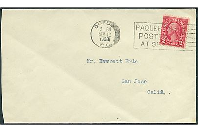 2 cents Washington på brev annulleret med canadisk skibsstempel Quebec P.Q. / Paquebot Posted at Sea d. 12.9.1928 til San José, USA.