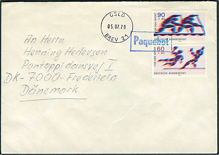 60+30 pfg. og 90+45 pfg. Sport på brev annulleret med skibsstempel Paquebot og sidestemplet Oslo d. 5.7.1979 til Fredericia, Danmark