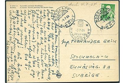 35 øre Olav på brevkort annulleret Nordkapp d. 1.7.1964 og sidestemplet Hammerfest d. 2.7.1964 til Stockholm, Sverige.