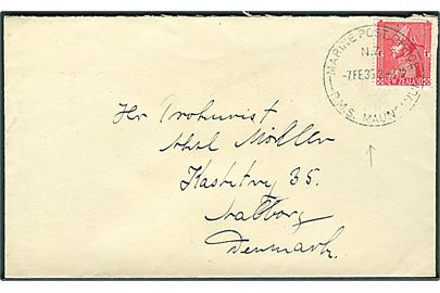 1d george V på brev annulleret med skibsstempel Marine Post Office N.Z. R.M.S. Maunganui d. 7.2.1935 til Aalborg, Danmark.