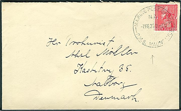1d george V på brev annulleret med skibsstempel Marine Post Office N.Z. R.M.S. Maunganui d. 7.2.1935 til Aalborg, Danmark.