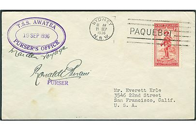 1d ANZAC udg. på filatelistisk skibsbrev annulleret med australsk skibsstempel Sydney N.S.W. / Paquebot d. 21.9.1936 og sidestemplet T.S.S. Awatea Purser's Office til San Francisco, USA.