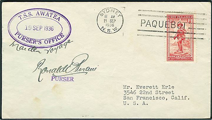 1d ANZAC udg. på filatelistisk skibsbrev annulleret med australsk skibsstempel Sydney N.S.W. / Paquebot d. 21.9.1936 og sidestemplet T.S.S. Awatea Purser's Office til San Francisco, USA.