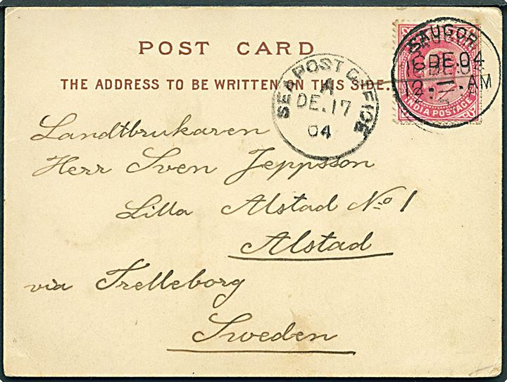 1 anna Edward VII på brevkort (Driving to Market) fra Saugor d. 16.12.1904 via Sea Post Office A d. 17.12.1904 til Alstad, Sverige.