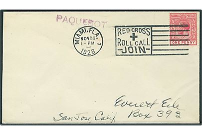1d George V på brev annulleret med amerikansk stempel i Miami d. 28.11.1928 og sidestemplet Paquebot til San José, USA.