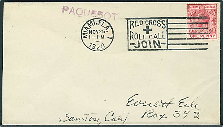 1d George V på brev annulleret med amerikansk stempel i Miami d. 28.11.1928 og sidestemplet Paquebot til San José, USA.