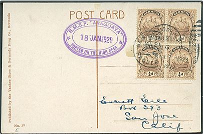 1/4d Sejlskib i fireblok på brevkort annulleret med amerikansk skibsstempel New York Paquebot d. 21.1.1929 og sidestemplet med ovalt purser-stempel R.M.S.P. Araguaya Posted on the high seas d. 18.1.1929 til San José, USA.